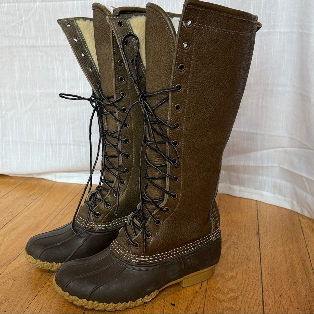 16” LL Bean Olive leather hunting boots Sherpa lined size 8.5 W
